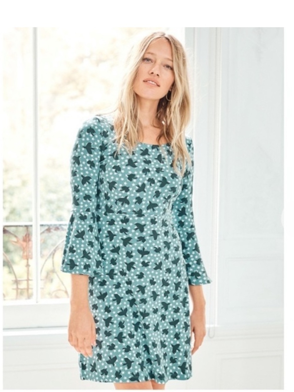 Boden Womens Miriam Tunic Top Jersey US 10 Blue Bird Print Bell Sleeve